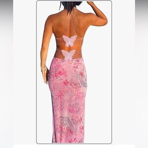 Womens Backless Butterfly Dress Sexy V Neck Open Back Maxi Dress NWT Pink Small